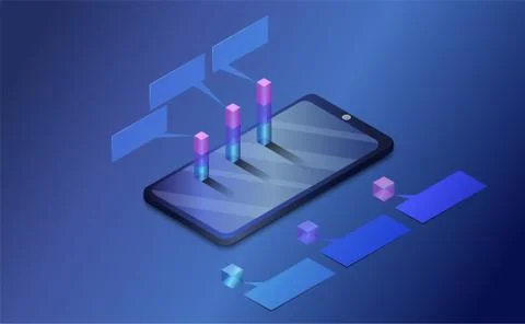 Isometric smart phone and graph. Analysis trends and statistic  process concept. Illustrazione stock