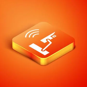 Isometric Smart security camera icon isolated on orange background. Internet of Stock Illustration
