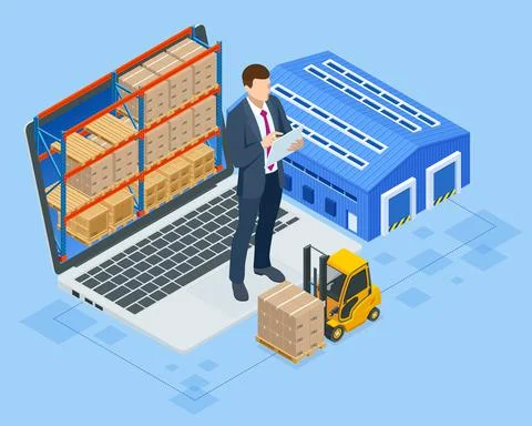 Isometric Smart warehouse management system. Concept of automatic logistics Stock Illustration