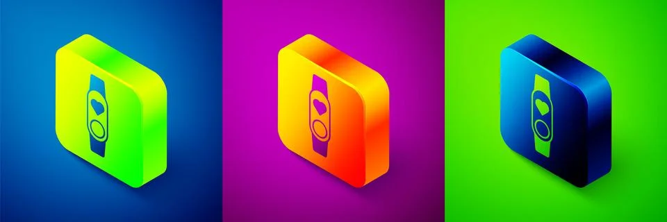 Isometric Smart watch showing heart beat rate icon isolated on blue, purple.. Stock Illustration