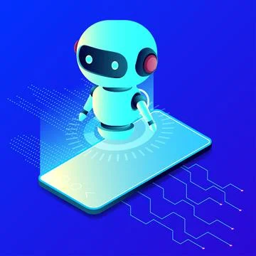 Isometric smartphone and chat bot on blue Stock Illustration