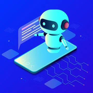 Isometric smartphone and chat bot on blue Stock Illustration