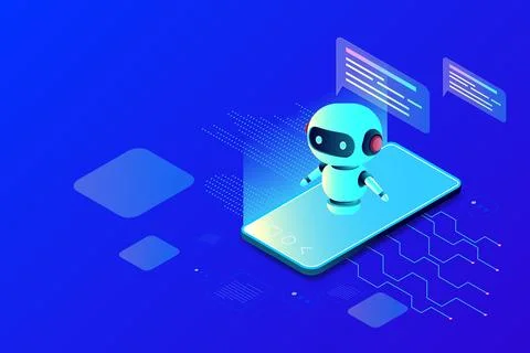 Isometric smartphone and chat bot on blue Stock Illustration