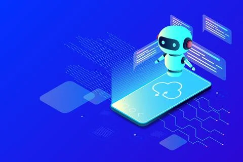 Isometric smartphone and chat bot on blue Stock Illustration