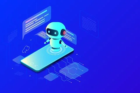 Isometric smartphone and chat bot on blue Stock Illustration