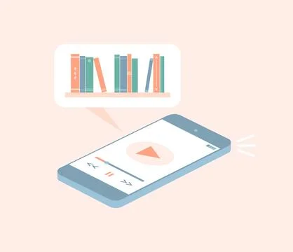 Isometric smartphone with audiobook app on screen and bookshelf above it Stock Illustration