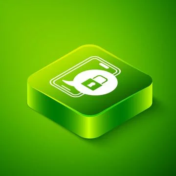 Isometric Smartphone with closed padlock icon isolated on green background Stock Illustration