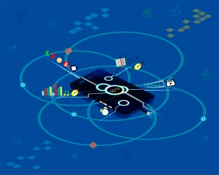 Isometric smartphone with different applications, apps, on-line services, sof Illustrazione stock