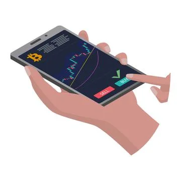 Isometric smartphone in hand with a chart of bitcoin that goes up isolated Stock Illustration