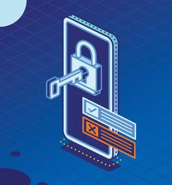 Isometric Smartphone with Key Inserted in Lock. Data Protection. Stock Illustration