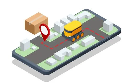 Isometric smartphone map with autonomous delivery robot, parcel and location pin 스톡 일러스트