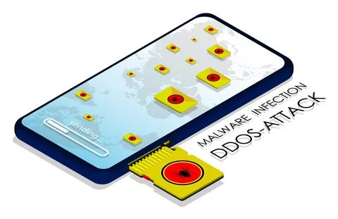 Isometric smartphone with memory card infected digital virus. Infection of mo Stock Illustration