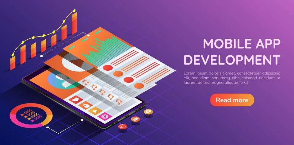 Isometric smartphone with mobile application user interface layer Stock Illustration