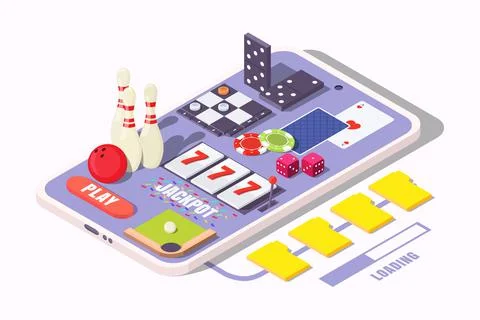 Isometric smartphone with mobile games on screen, flat vector illustration Stock Illustration