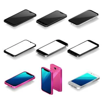 Isometric smartphone mockup vector illustration set, 3d cell phones in 스톡 일러스트
