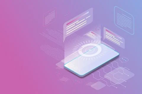 Isometric smartphone on pink blue background Stock Illustration