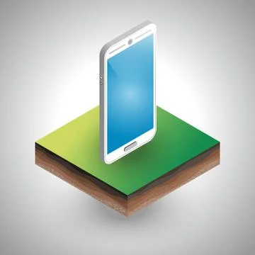 Isometric smartphone placed on the piece of soil Stock Illustration