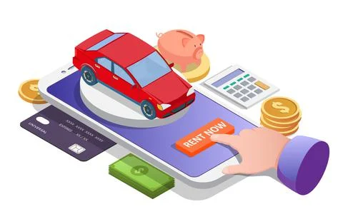 Isometric smartphone with red car on screen, flat vector illustration. Rent car Stock Illustration