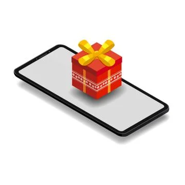Isometric smartphone with red gift box. Online shopping concept. Sale, e Stock Illustration