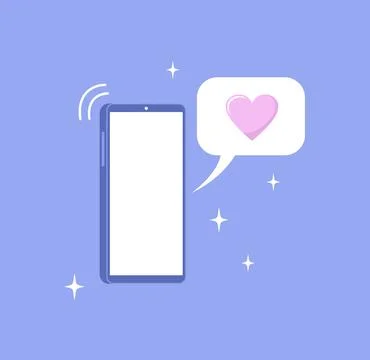 Isometric smartphone with like speech bubble on purple background Stock Illustration