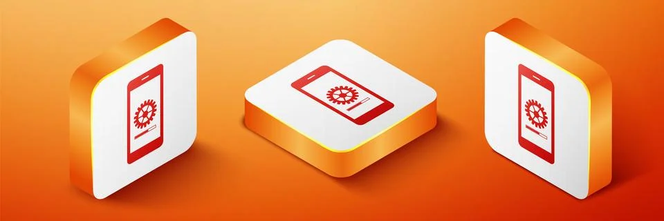 Isometric Smartphone update process with gearbox progress and loading bar icon Stock Illustration