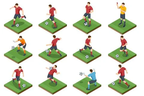 Isometric soccer player action collection with football athlete pose for pass Stock Illustration