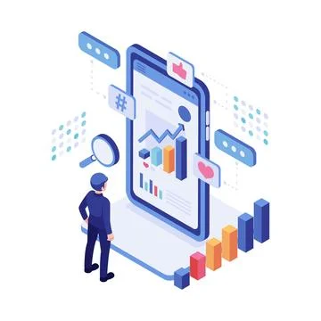 Isometric Social Media Analytics Dashboard with Data and Trend Monitoring 库存插图