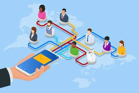 Isometric Social Network Concept. Chatting Mobile Application. Management 스톡 일러스트