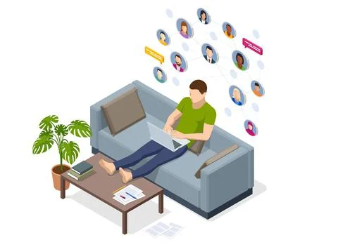 Isometric social network concept. Man laptop using ,Social, media, Marketing Stock Illustration