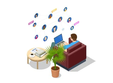 Isometric social network concept. Man laptop using ,Social, media, Marketing Stock Illustration