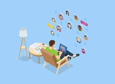 Isometric social network concept. Man laptop using ,Social, media, Marketing Stock Illustration