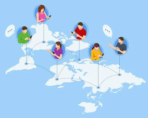 Isometric Social Network Web Site Surfing Concept. Global Communication Around Stock Illustration