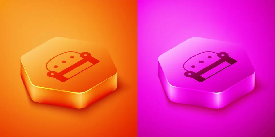 Isometric Sofa icon isolated on orange and pink background. Hexagon button... Stock Illustration