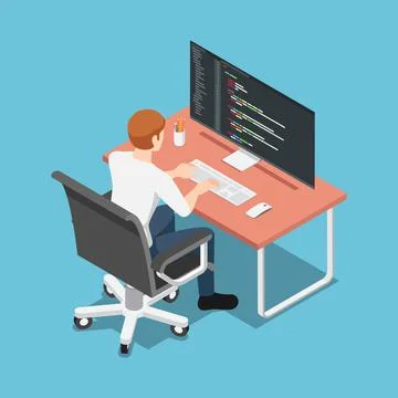 Isometric Software Developer or Programmer Coding on PC Computer Stock Illustration