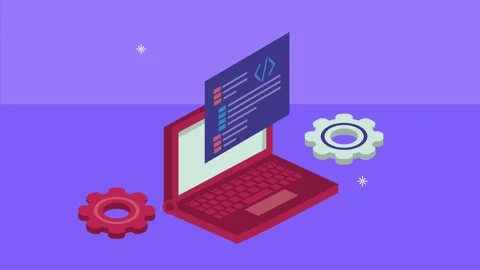 Isometric software development animation with laptop computer and programmi.. Stock Footage 333721746
