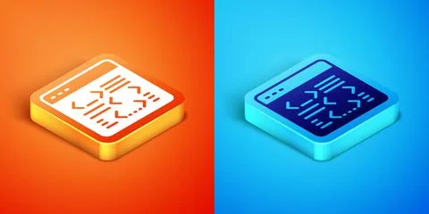 Isometric Software, web developer programming code icon isolated on orange and Illustrazione stock
