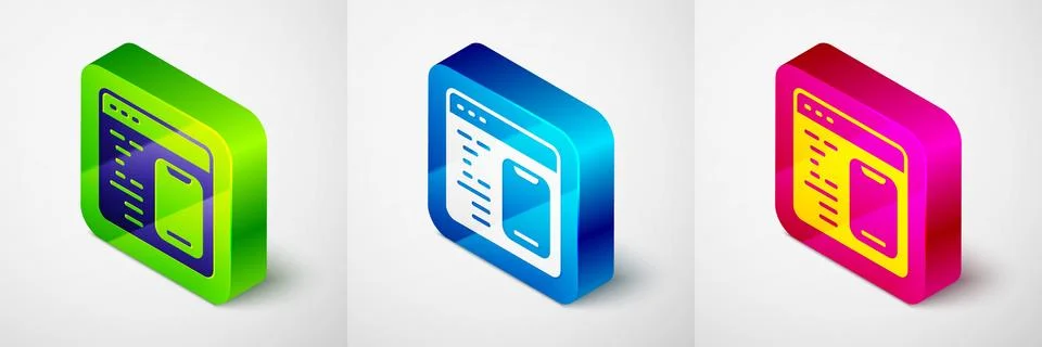 Isometric Software, web developer programming code icon isolated on grey Stock Illustration