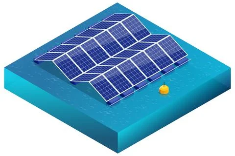Isometric Solar panels or Solar cells on a buoy floating in a lake, sea, or Illustrazione stock