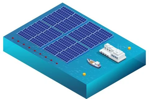 Isometric Solar panels or Solar cells on a buoy floating in a lake, sea, or Illustrazione stock