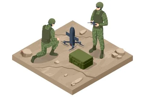 Isometric soldiers operating an interceptor drone on rough ground with an Stock Illustration