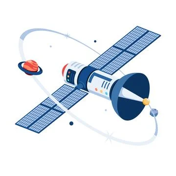 Isometric Space Satellite Orbiting with Planet on Space Stock Illustration