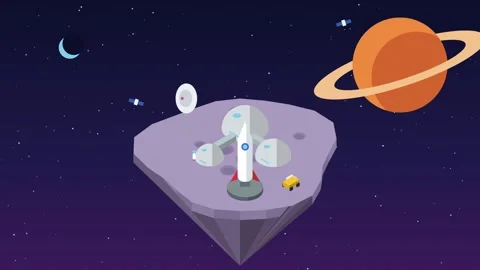 Isometric space station on an asteroid with rocket 库存影片 348622955