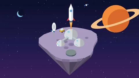 Isometric space station on an asteroid with rocket, rover and planet, flat .. Stock Illustration