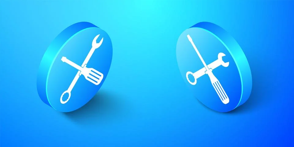 Isometric Spanner and screwdriver tools icon isolated on blue background Stock Illustration