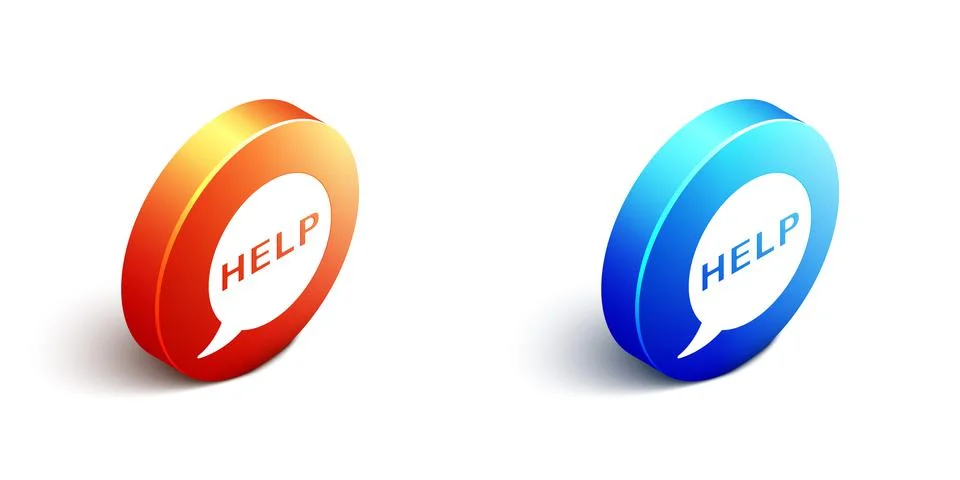 Isometric Speech bubble with text Help icon isolated on white background. Orange Stock Illustration