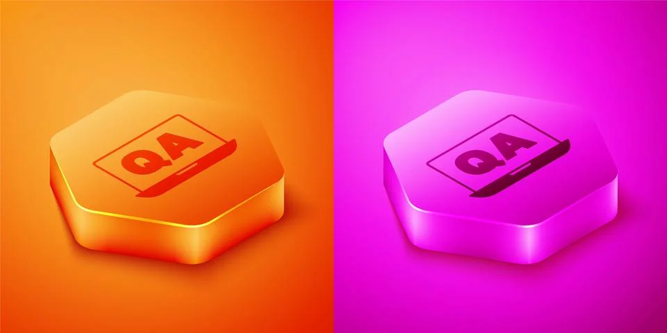 Isometric Speech bubbles with Question and Answer icon isolated on orange and Illustrazione stock