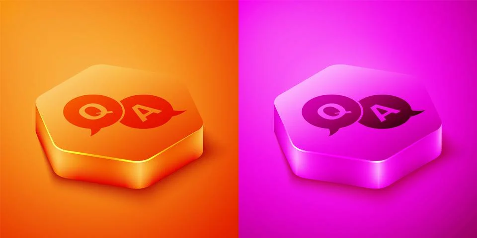 Isometric Speech bubbles with Question and Answer icon isolated on orange and Illustrazione stock