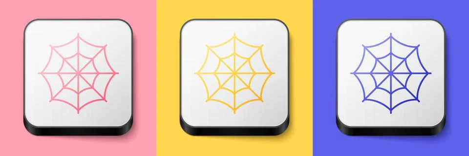 Isometric Spider web icon isolated on pink, yellow and blue background. Cobwe Stock Illustration