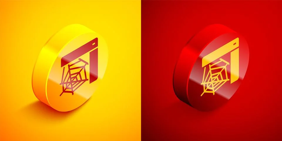 Isometric Spider web icon isolated on orange and red background. Cobweb sign. 스톡 일러스트