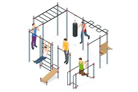 Isometric sportsmen making workout, pull-ups, barbell, push-ups, weight lifting Illustrazione stock